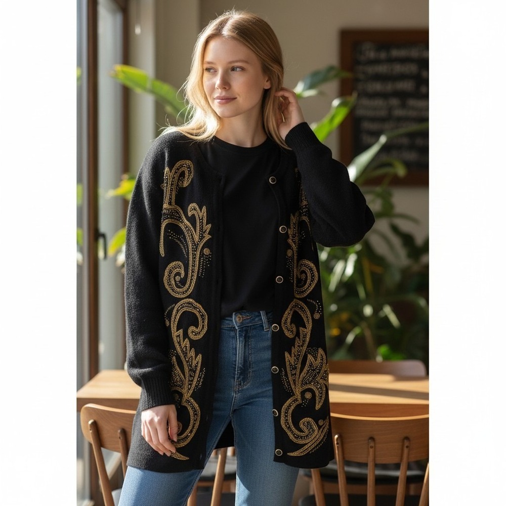 Marisa Christina Vintage Beaded Cardigan Sweater Black Wool Angora Grannycore M